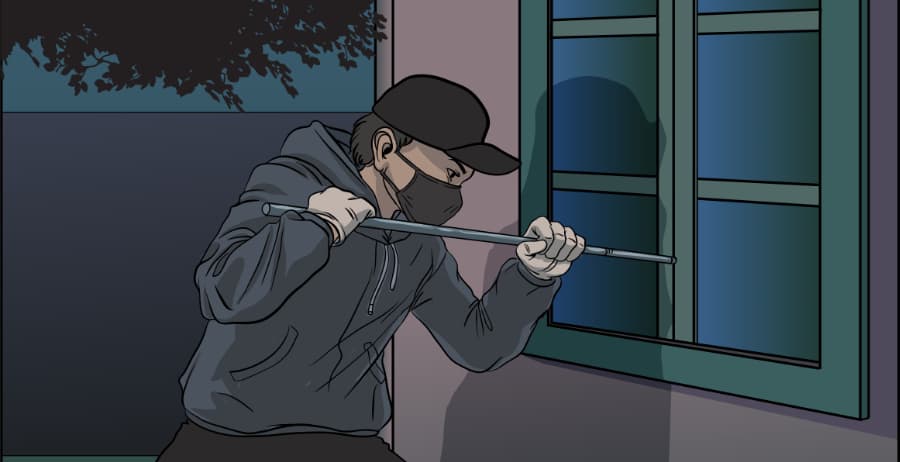 Illustration of burglar forcing entry through a window in St. George