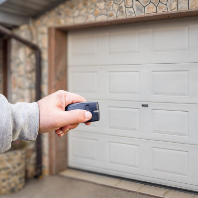 St. George security key fob pointing to a garage door
